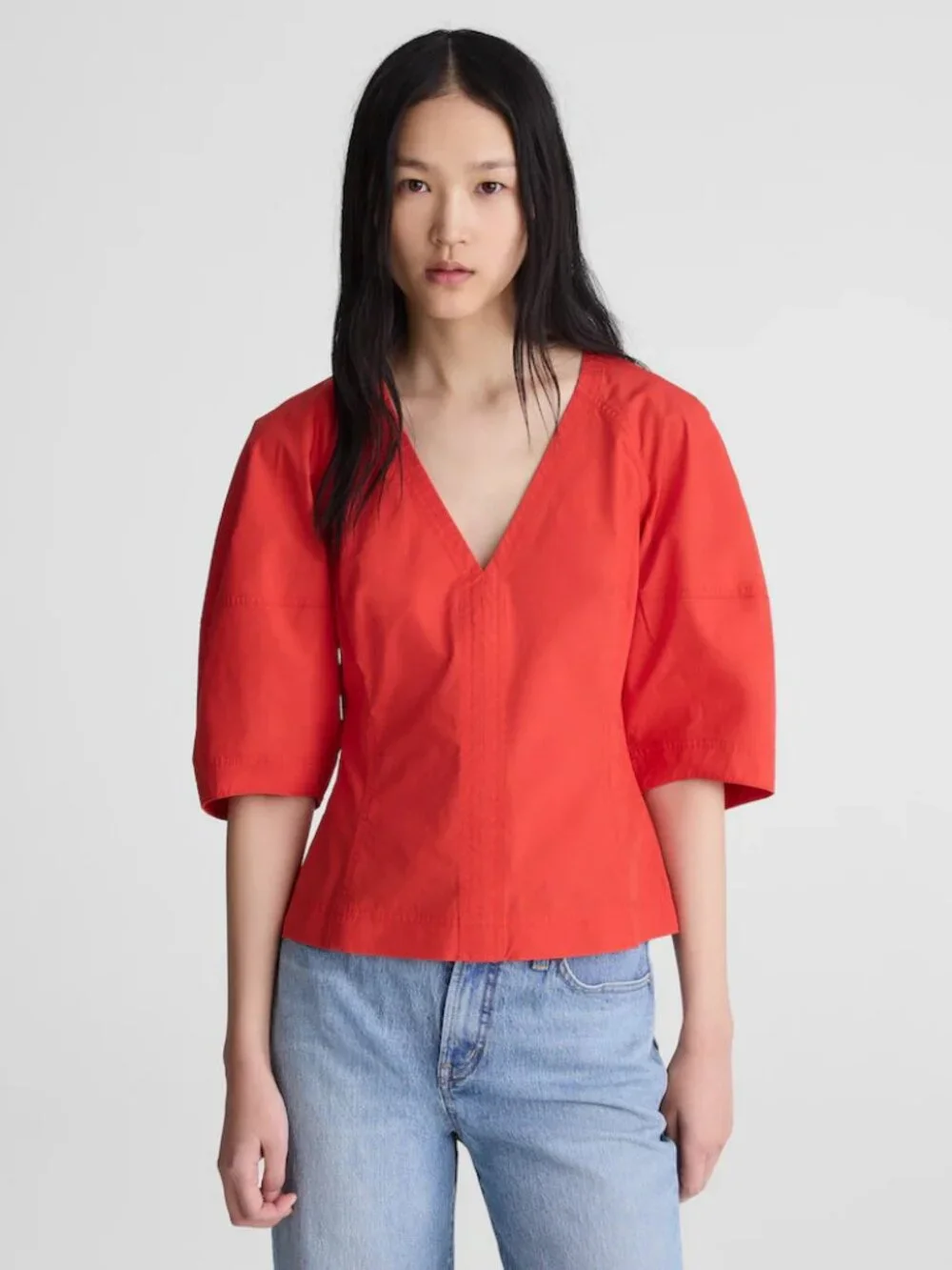 NWT Madewell Sculptural V-Neck Cotton Poplin Top Red Size 4 Capsule Wardrobe